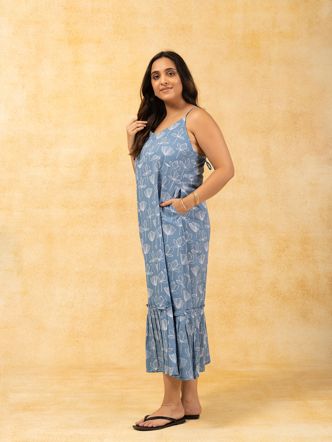 Light Blue Printed Spaghetti Cotton Dress