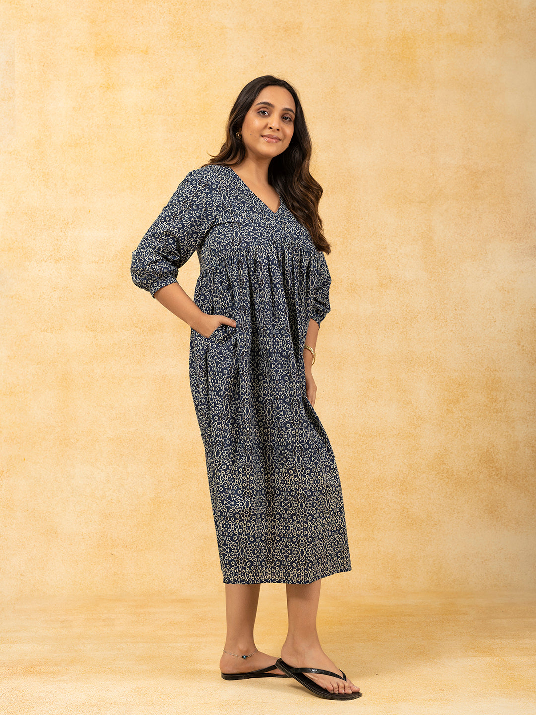 Blue Printed Flared Cotton Dress