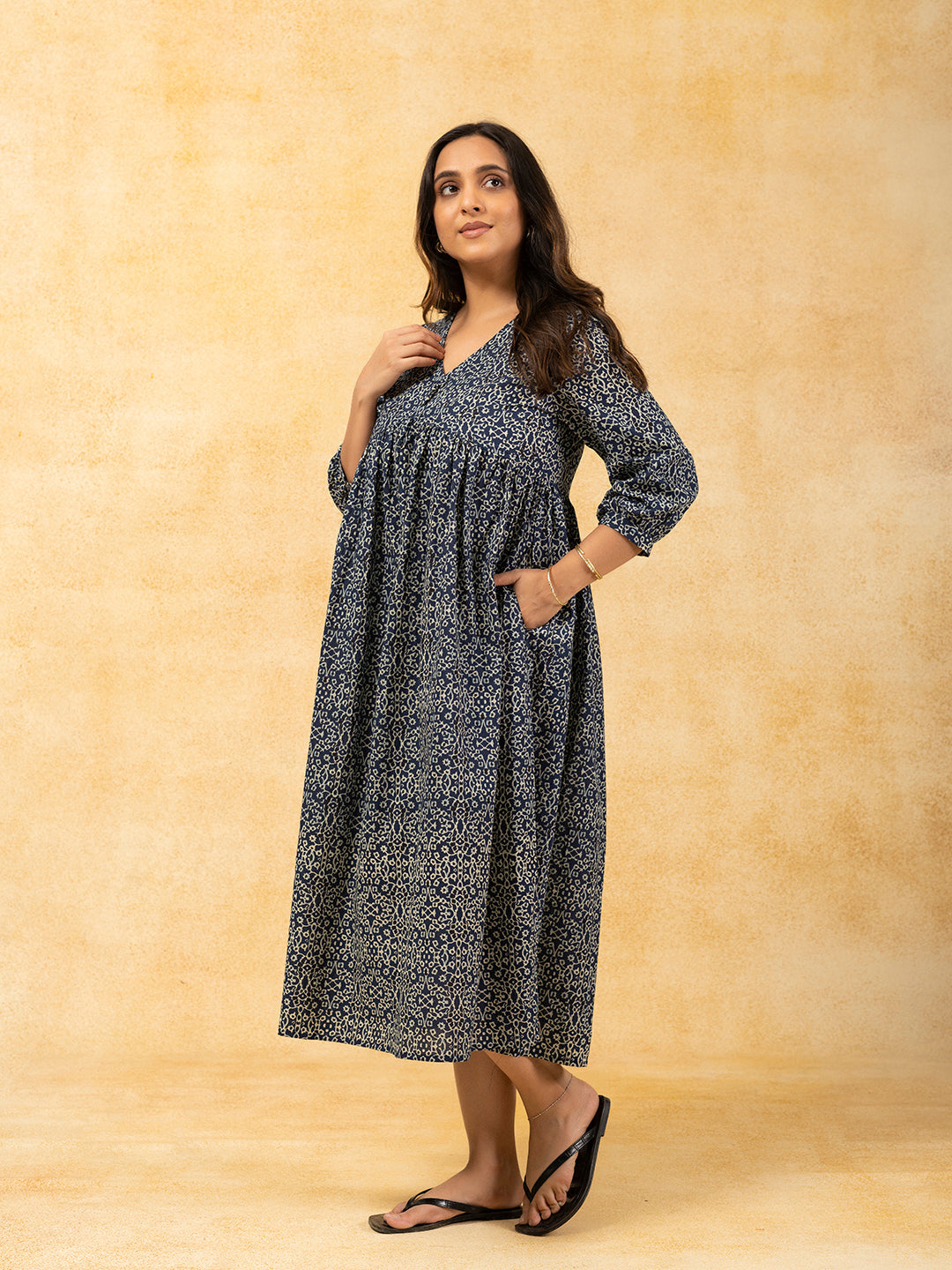 Blue Printed Flared Cotton Dress