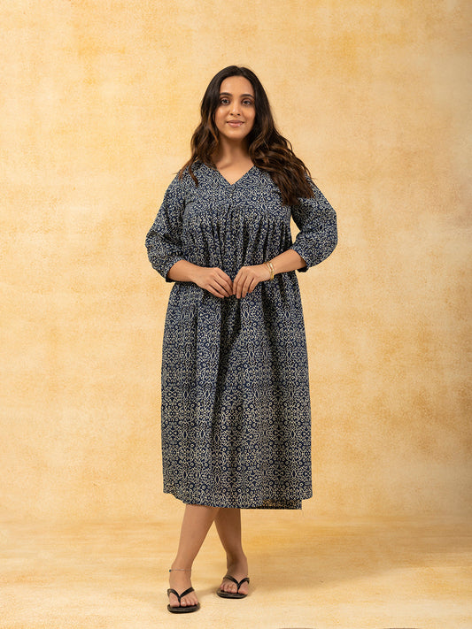 Blue Printed Flared Cotton Dress
