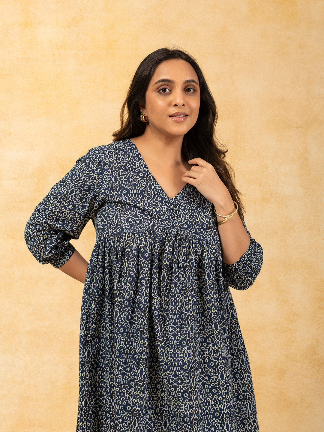 Blue Printed Flared Cotton Dress