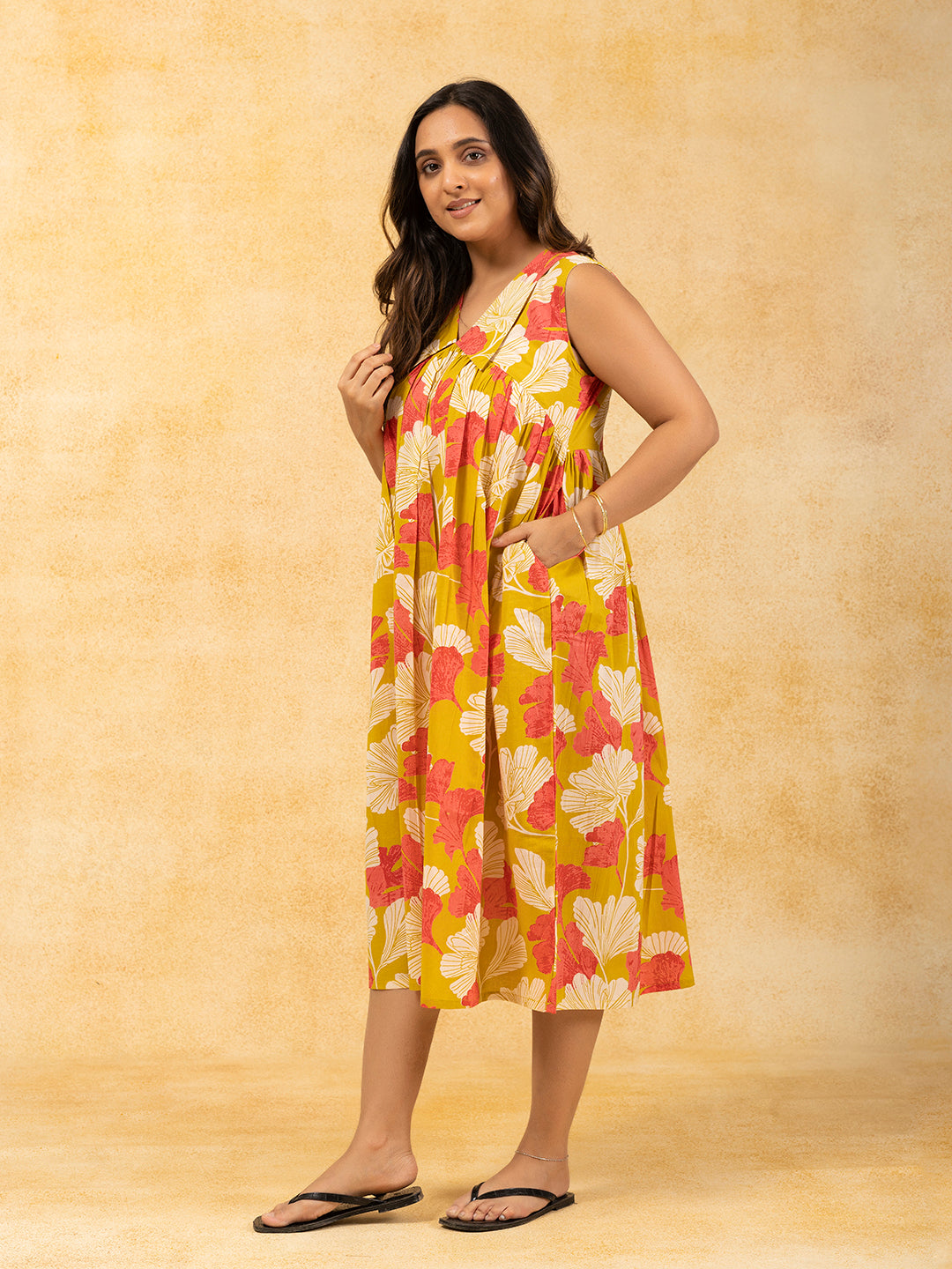 Mustard Yellow Printed Flared Sleeveless Cotton Dress