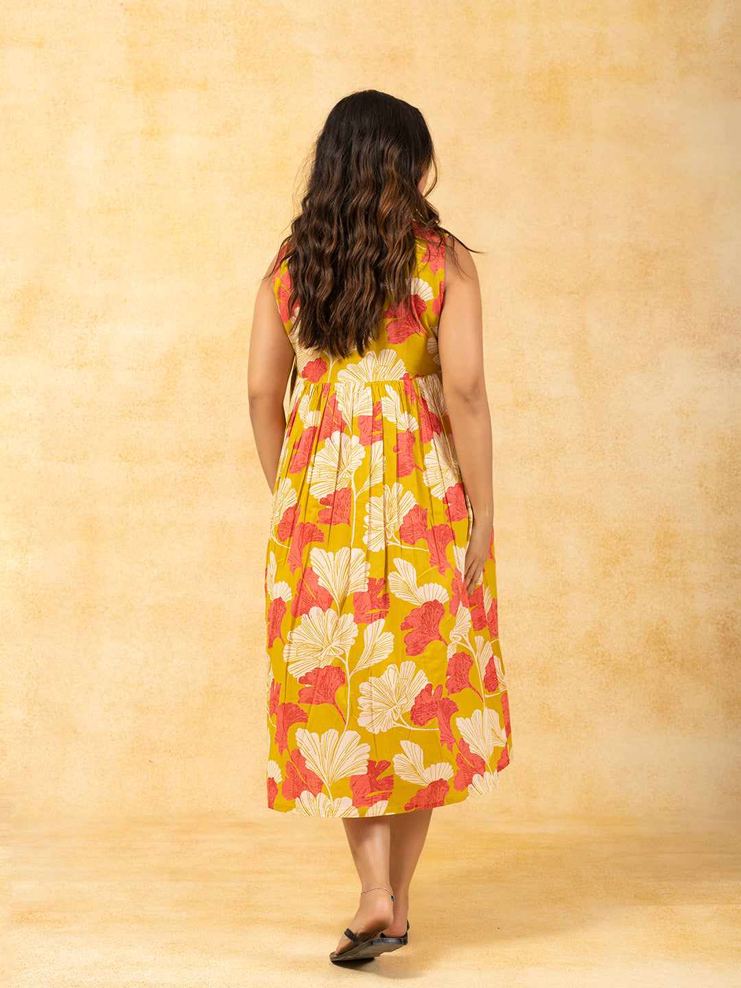 Mustard Yellow Printed Flared Sleeveless Cotton Dress