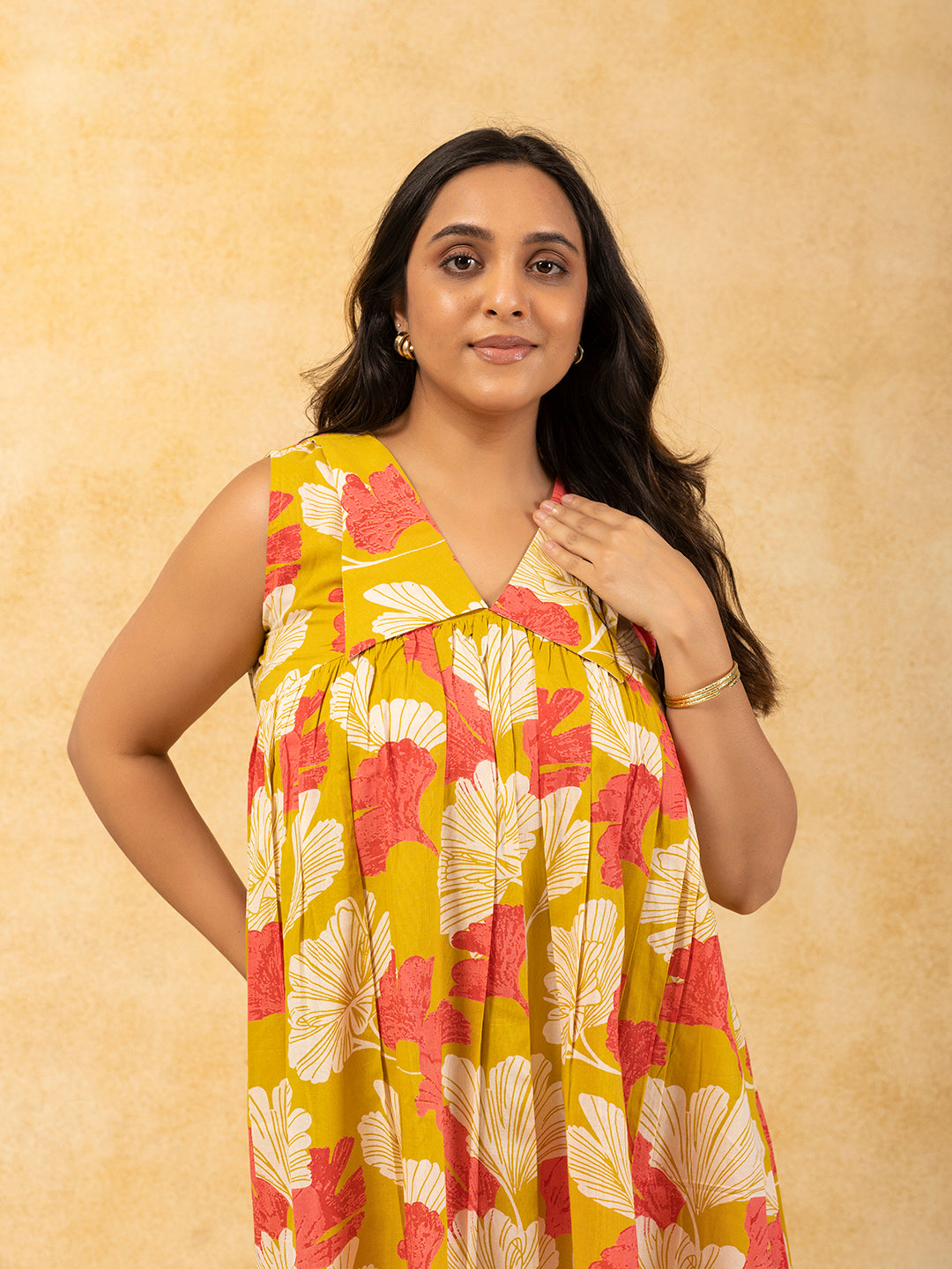 Mustard Yellow Printed Flared Sleeveless Cotton Dress