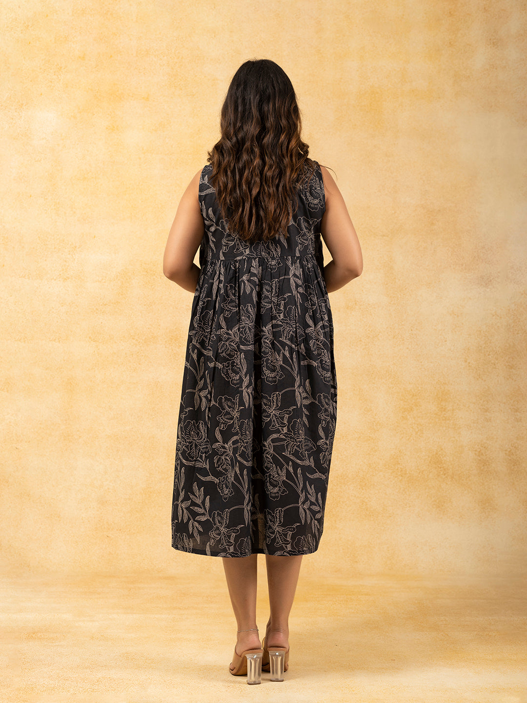 Black Printed Flared Sleeveless Cotton Dress
