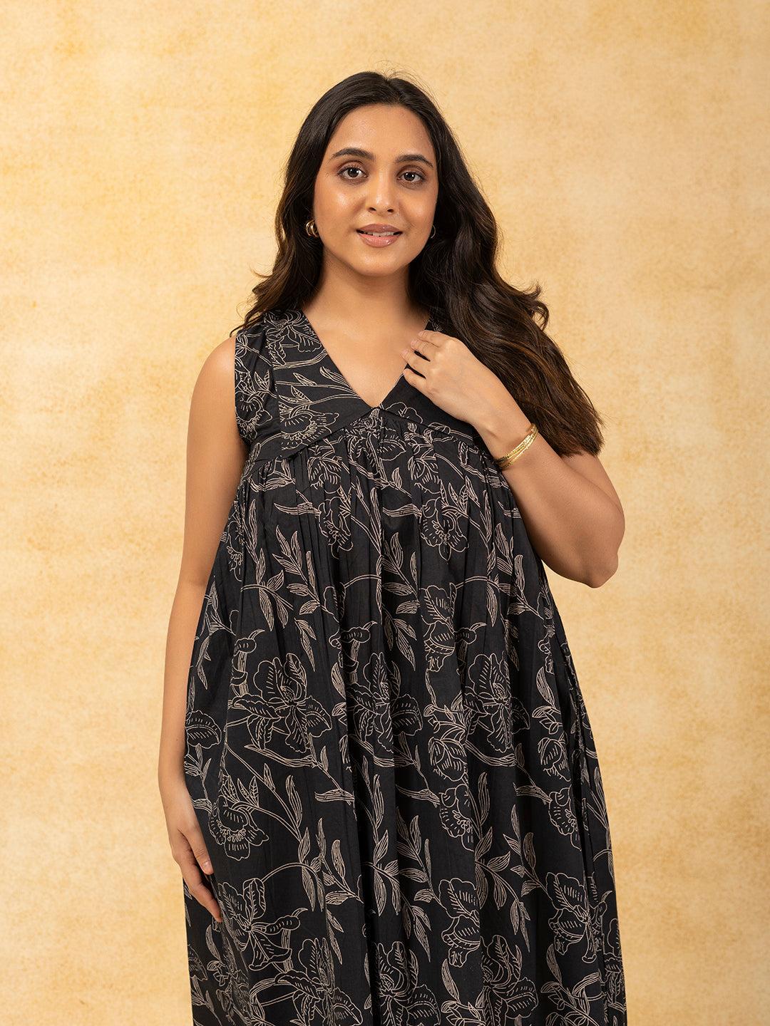 Black Printed Flared Sleeveless Cotton Dress