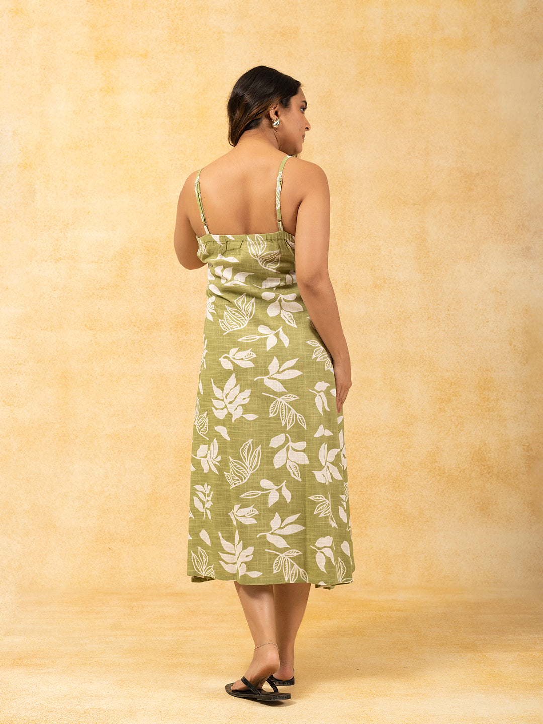 Sage Green Printed A-Line Spaghetti Cotton Dress