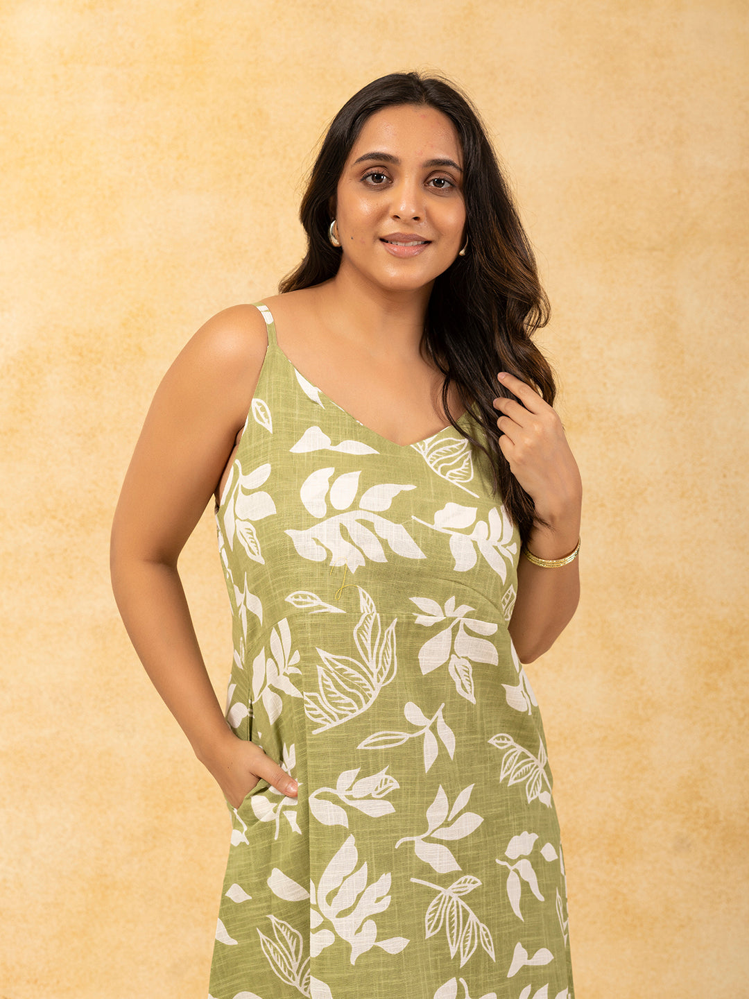 Sage Green Printed A-Line Spaghetti Cotton Dress