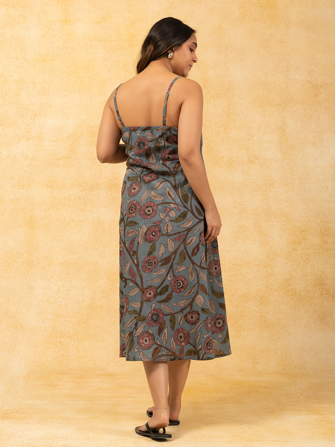 Slate Blue Printed A-Line Spaghetti Cotton Dress