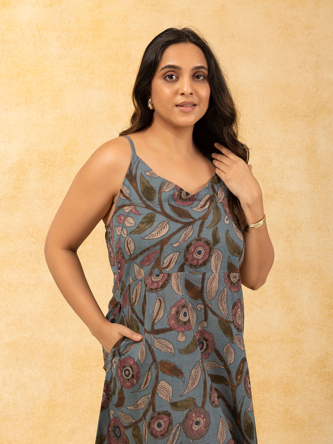 Slate Blue Printed A-Line Spaghetti Cotton Dress