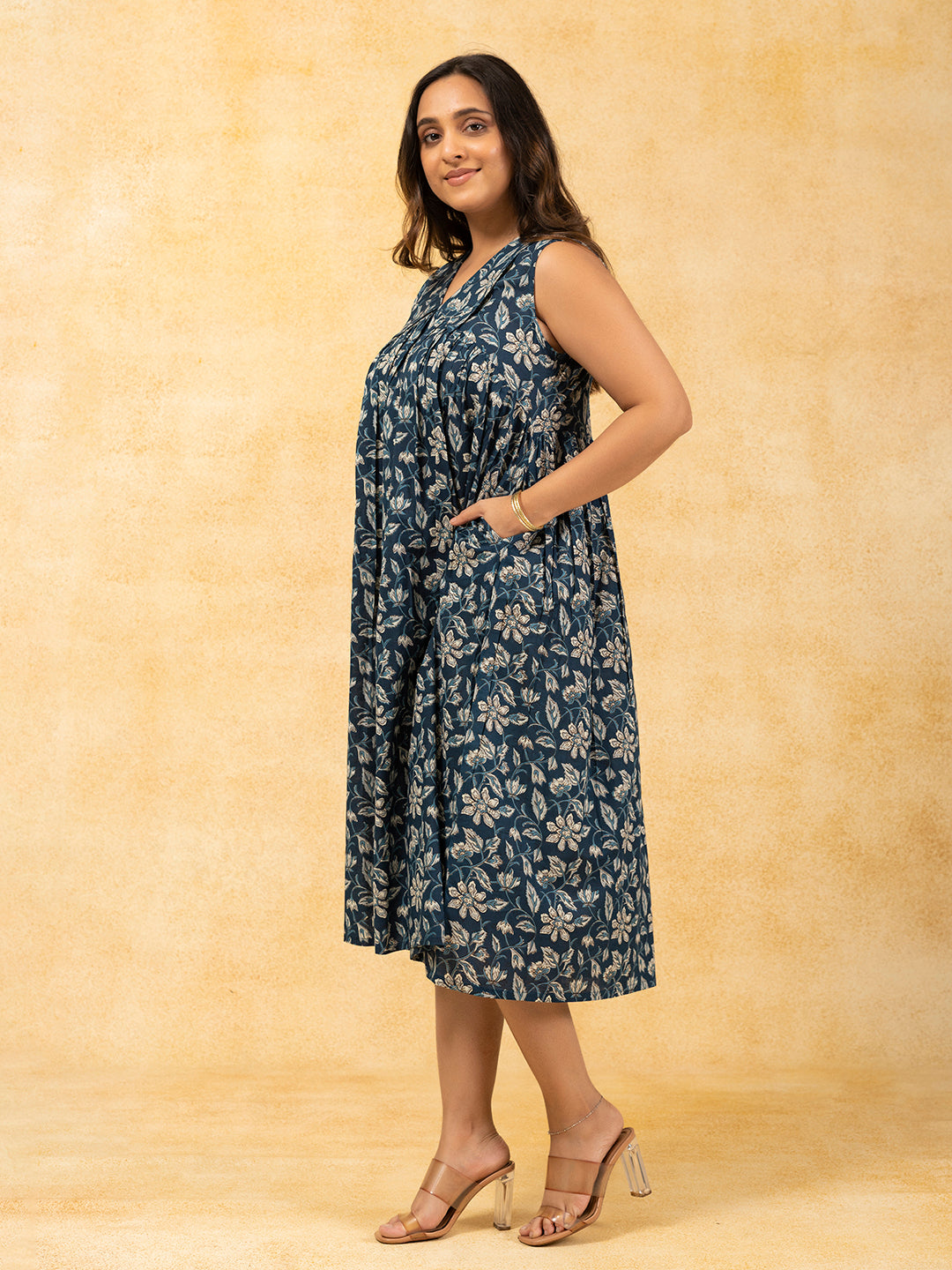 Blue Printed Flared Sleeveless Cotton Dress