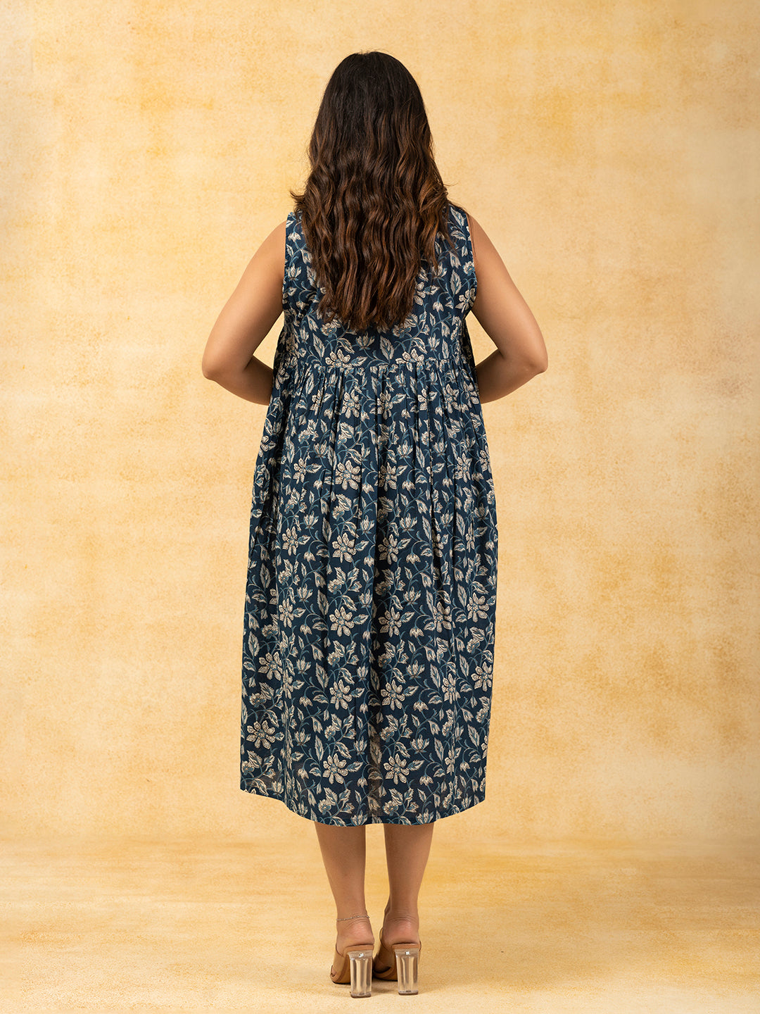 Blue Printed Flared Sleeveless Cotton Dress