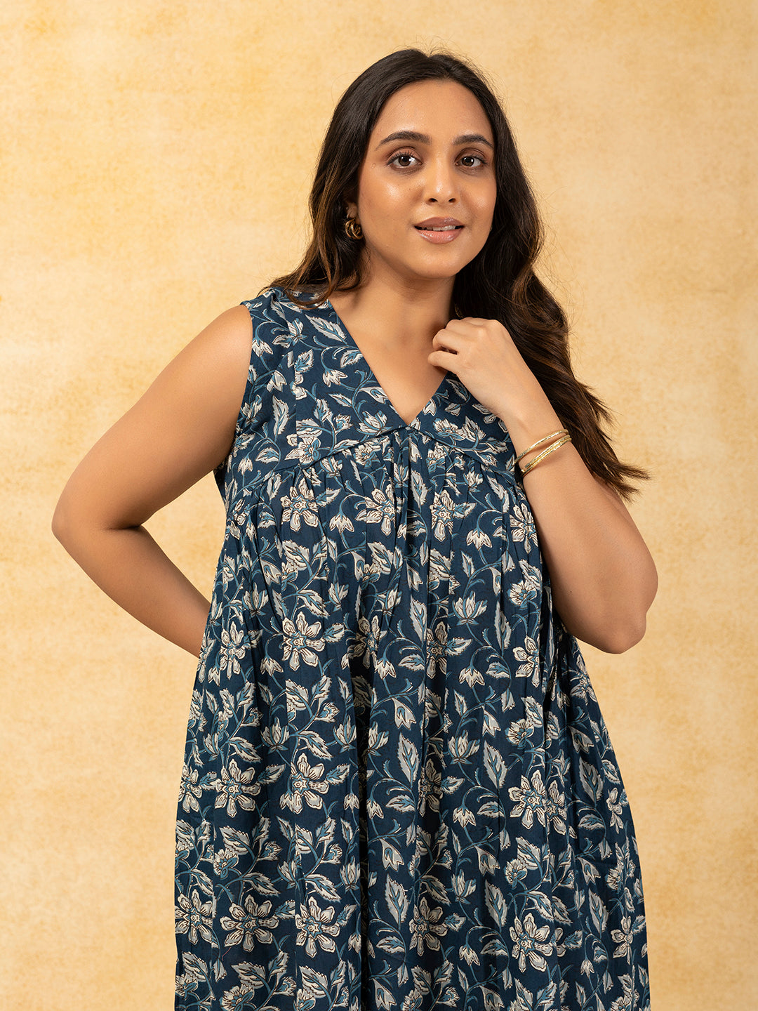 Blue Printed Flared Sleeveless Cotton Dress