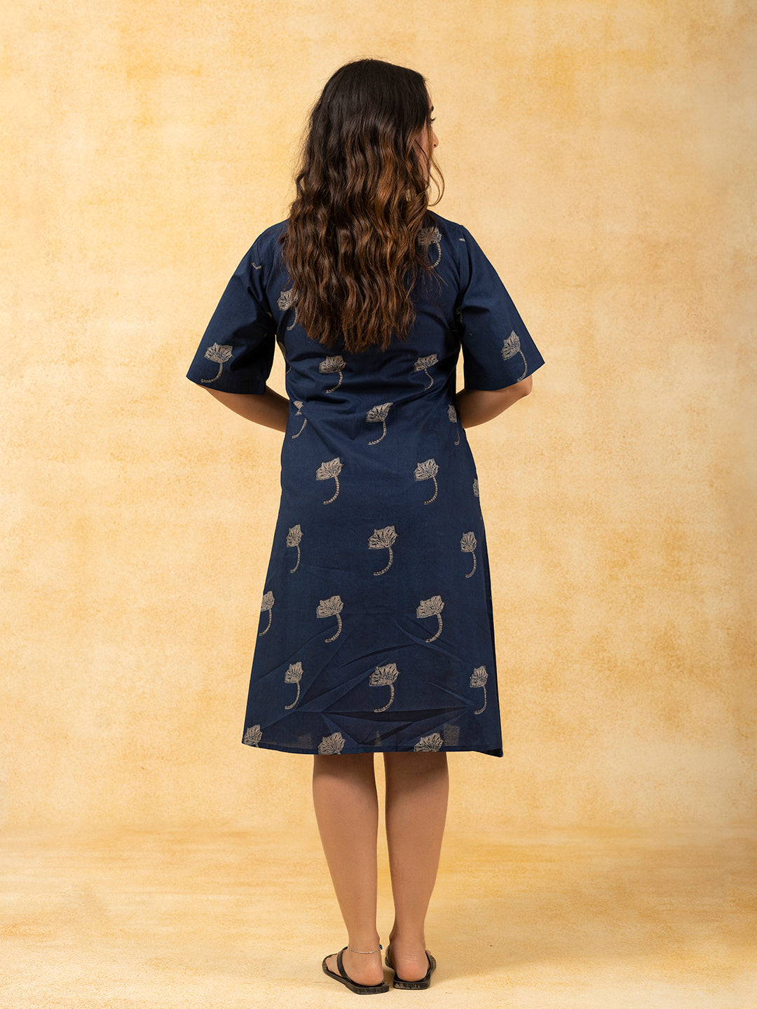 Navy Blue Printed Short A-Line Cotton Dress