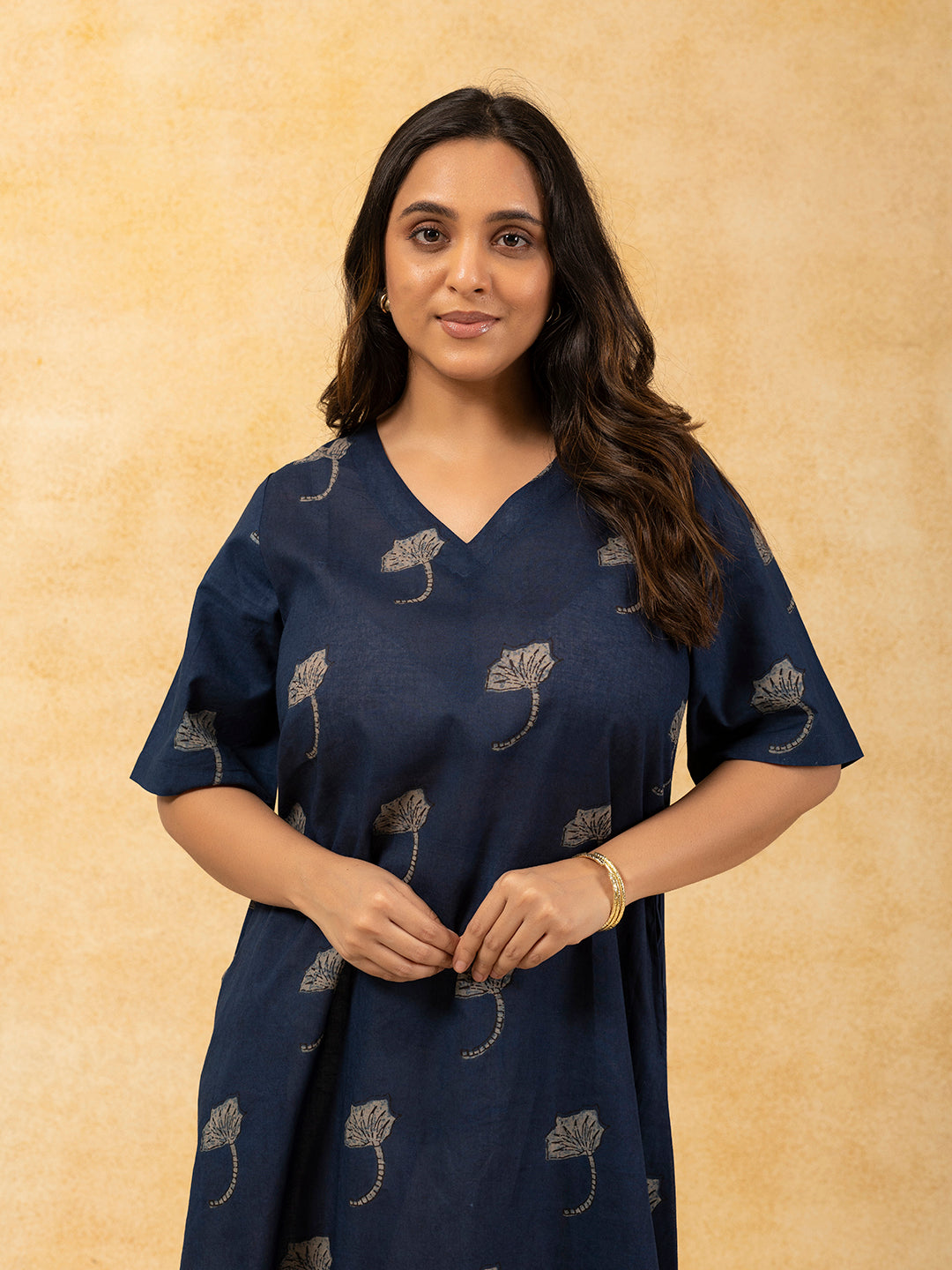 Navy Blue Printed Short A-Line Cotton Dress