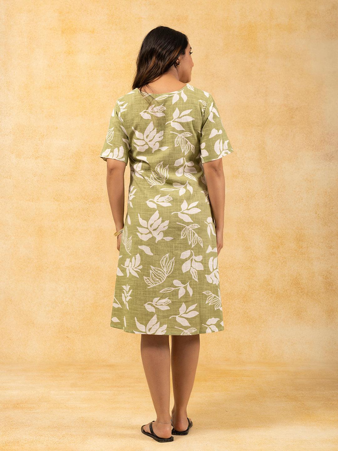 Sage Green Printed Short A-Line Cotton Dress