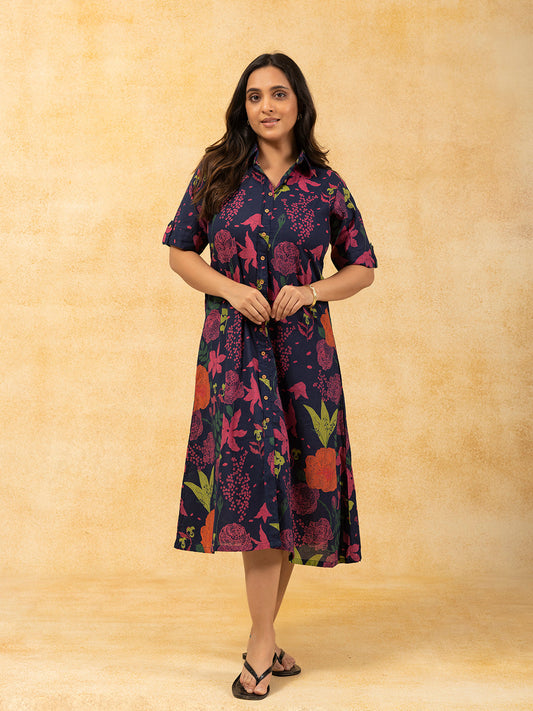 Navy Blue Printed A-Line Cotton Shirt Dress