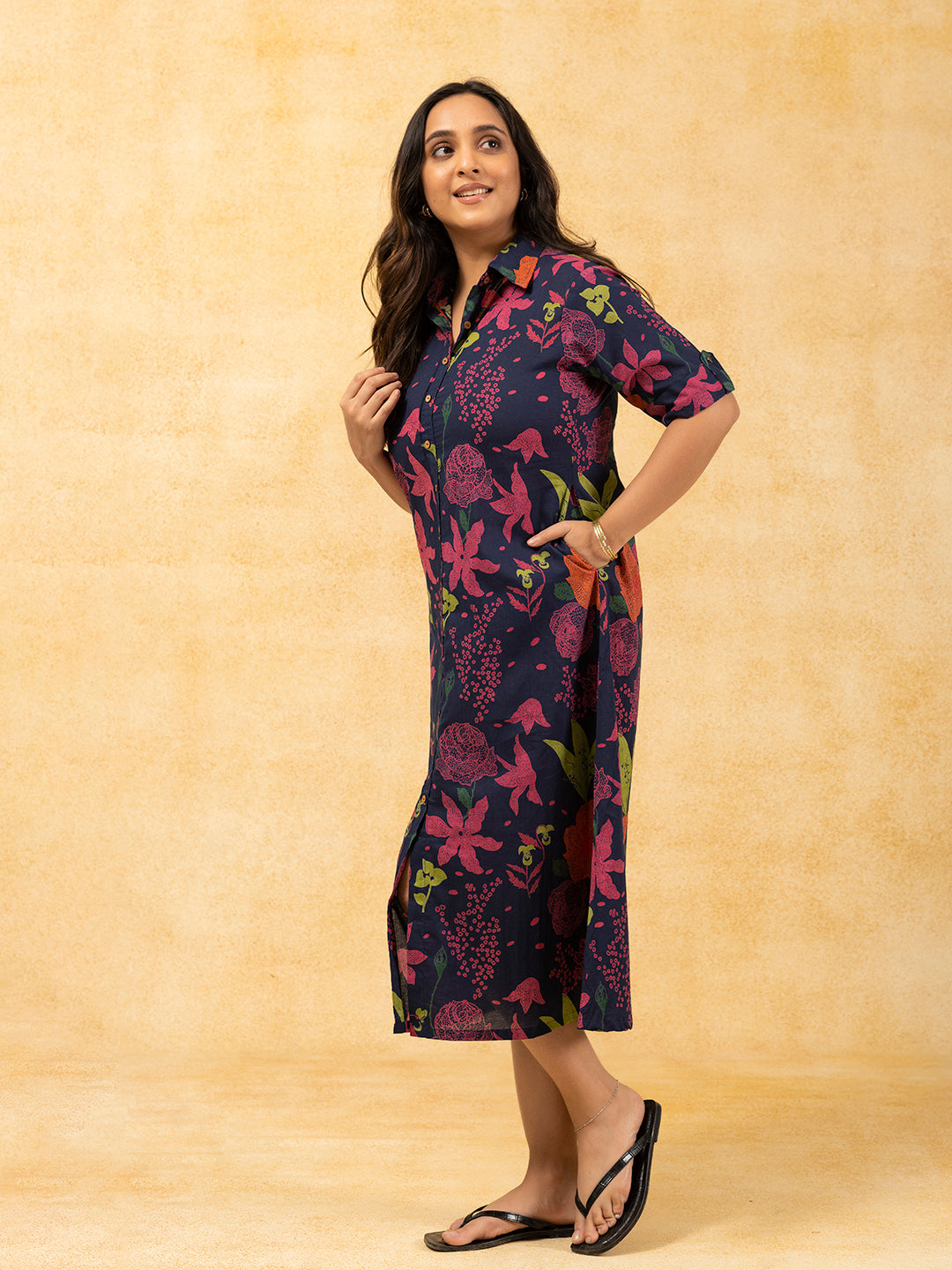 Navy Blue Printed A-Line Cotton Shirt Dress
