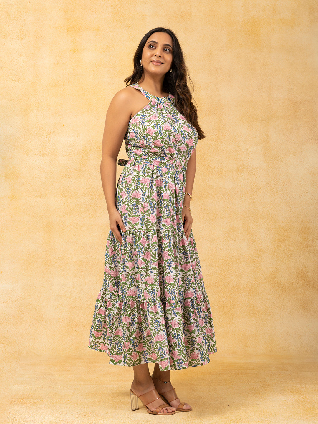 White Printed Long Sleeveless Flared Dress