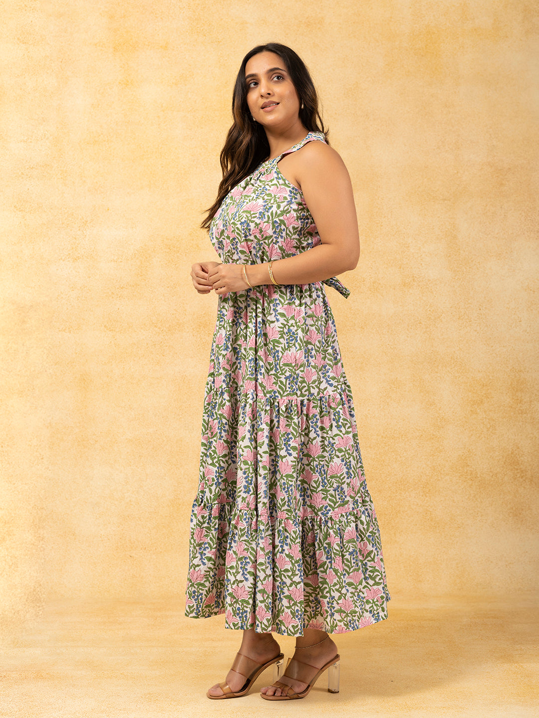 White Printed Long Sleeveless Flared Dress