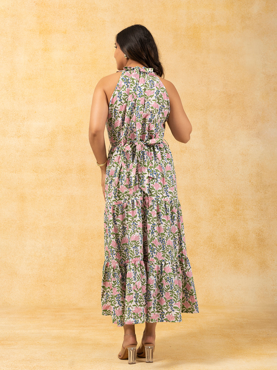 White Printed Long Sleeveless Flared Dress