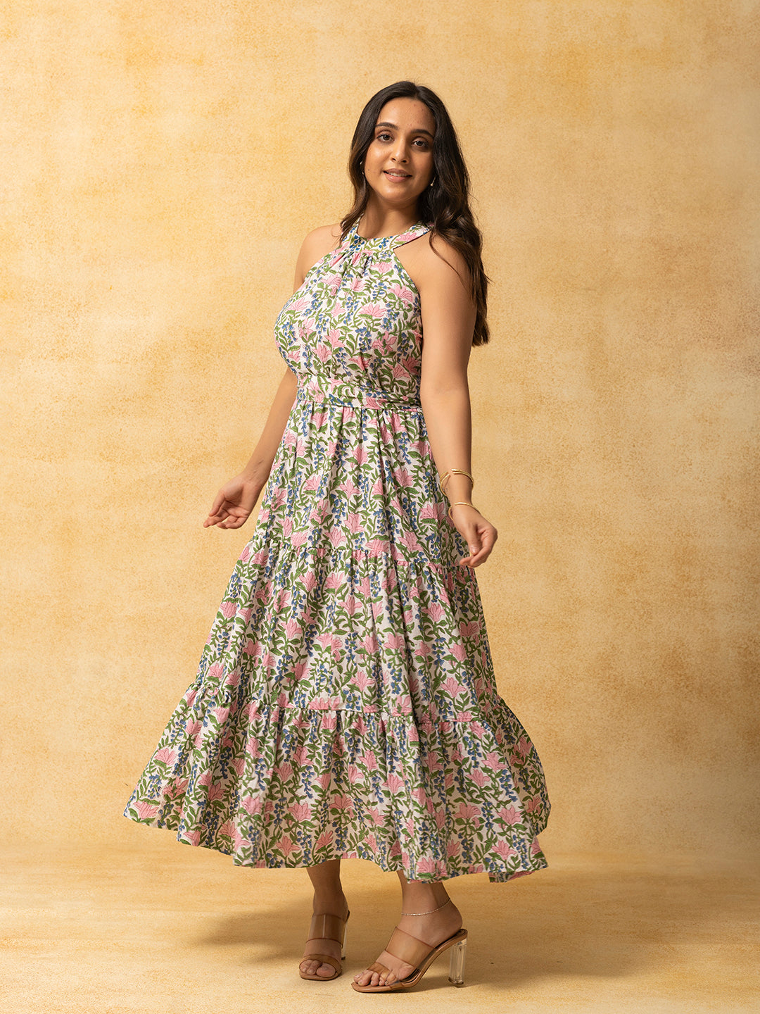 White Printed Long Sleeveless Flared Dress