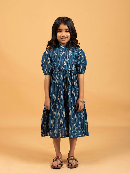 Kids Blue Printed Flared Cotton Dress