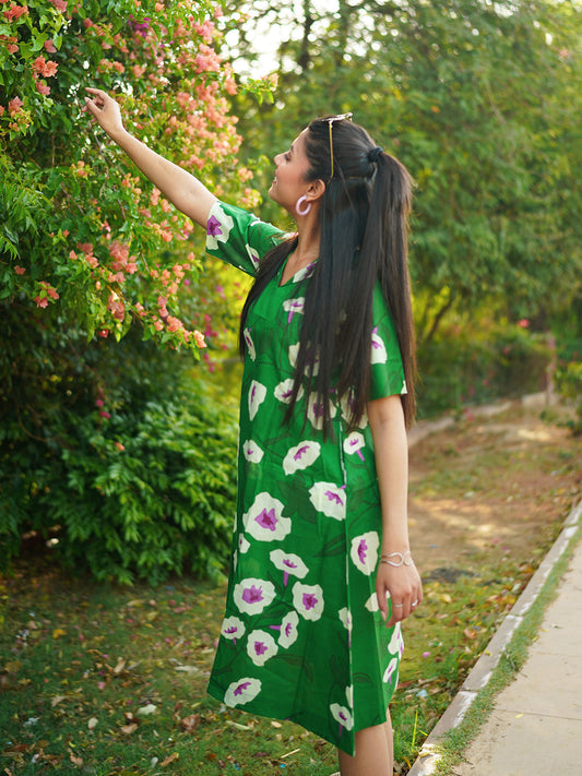 Green Printed Short Cotton Dress