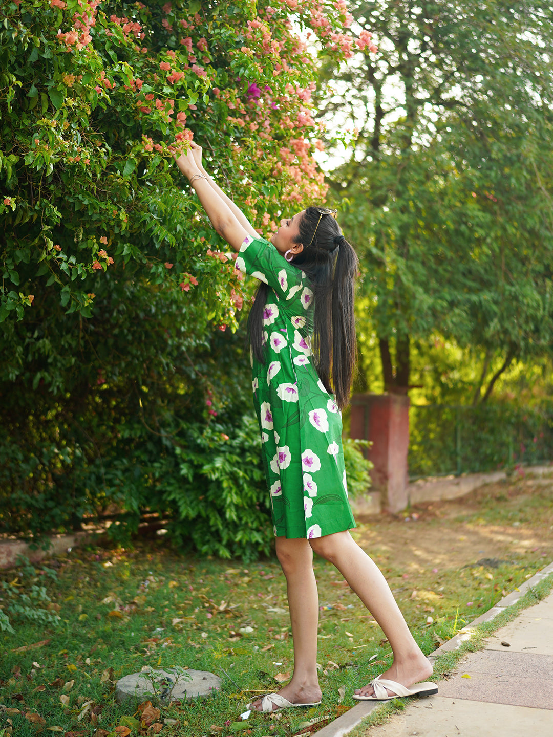 Green Printed Short Cotton Dress