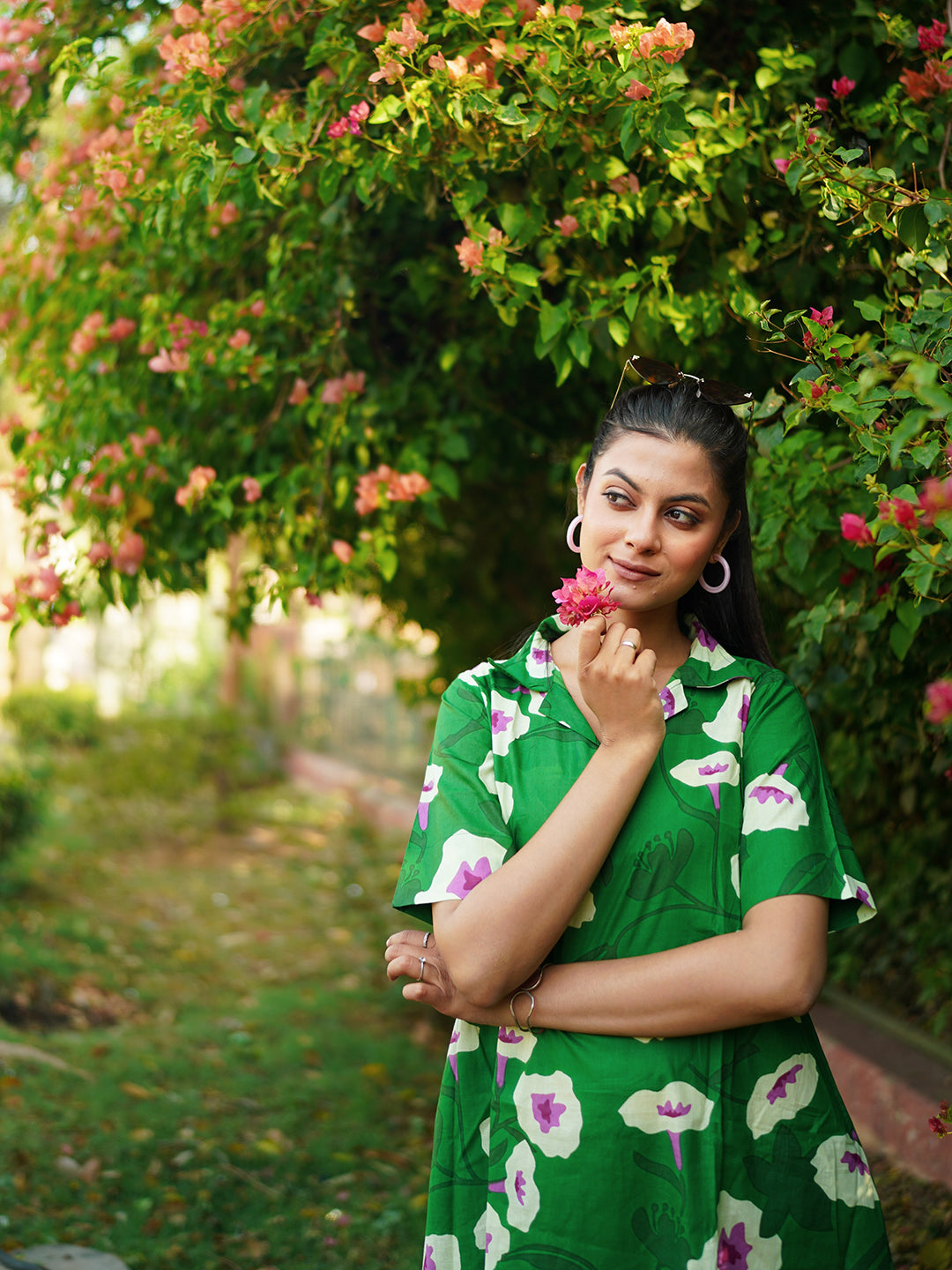 Green Printed Short Cotton Dress