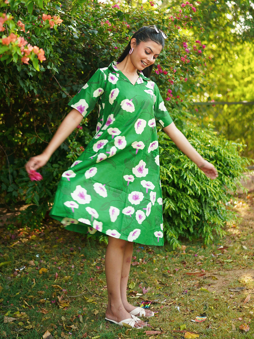 Green Printed Short Cotton Dress