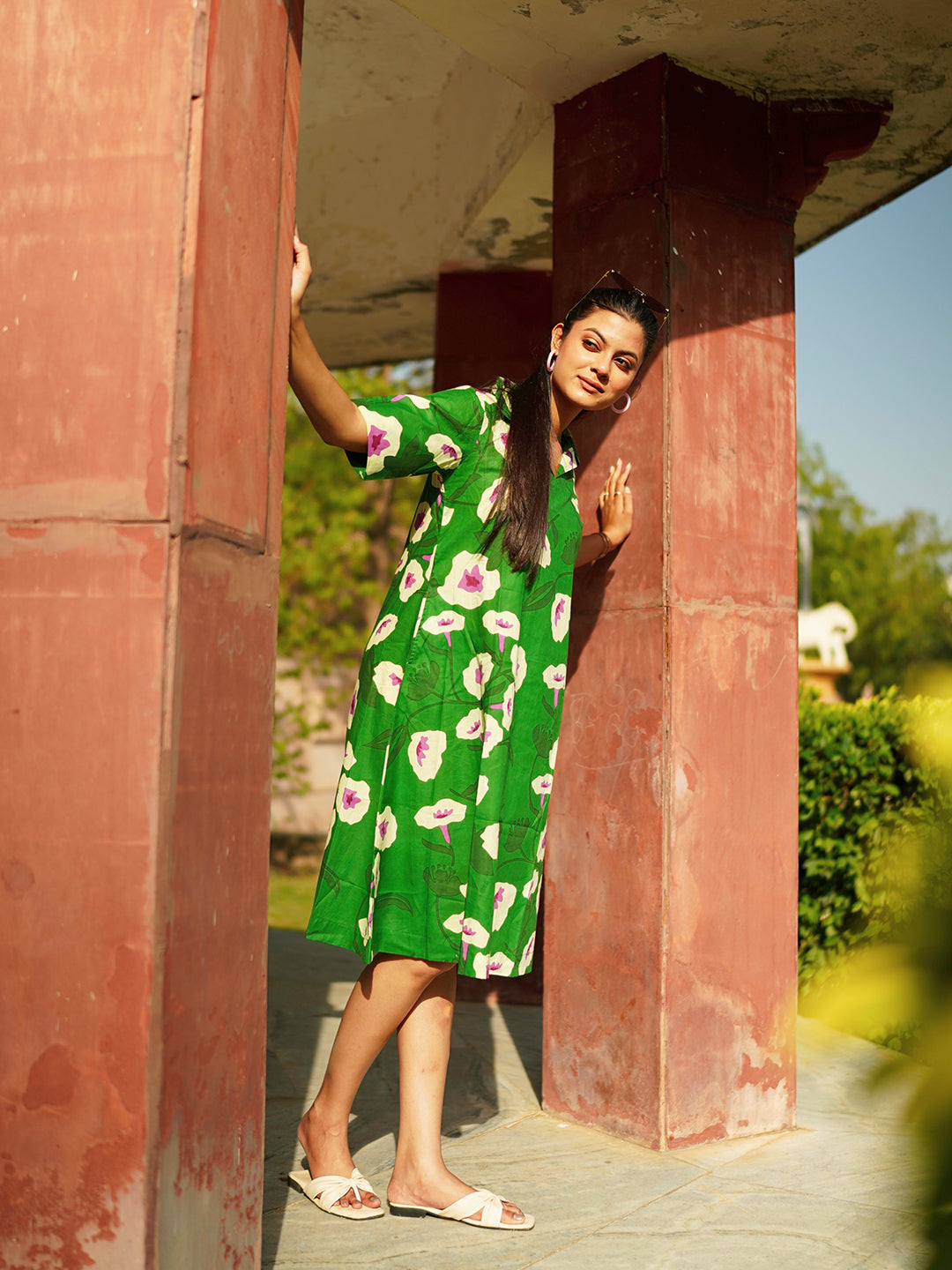 Green Printed Short Cotton Dress