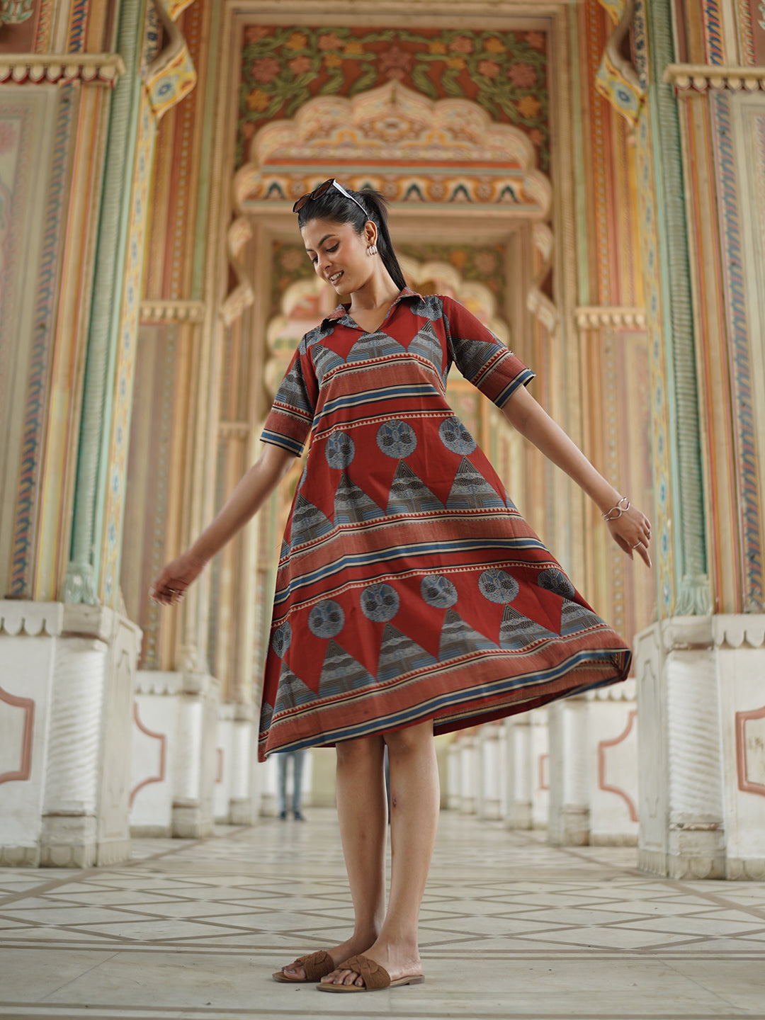 Maroon Printed Short Cotton Dress