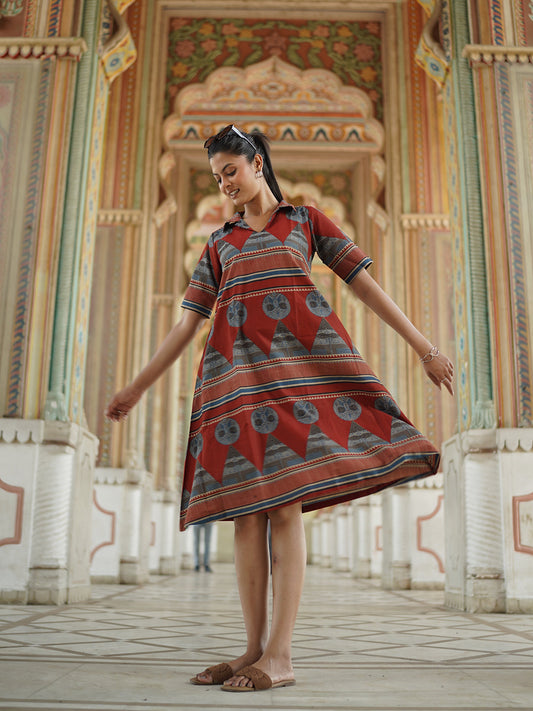 Maroon Printed Short Cotton Dress
