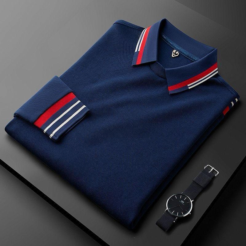 Men’s Piqué Knit Polo T-Shirt with Navy & Red Stripe Accents