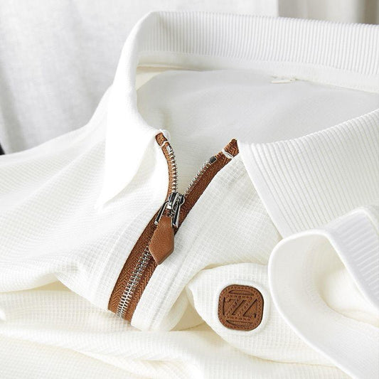 Men’s Premium Waffle-Knit Half-Zip Polo with Contrast Leather Accents