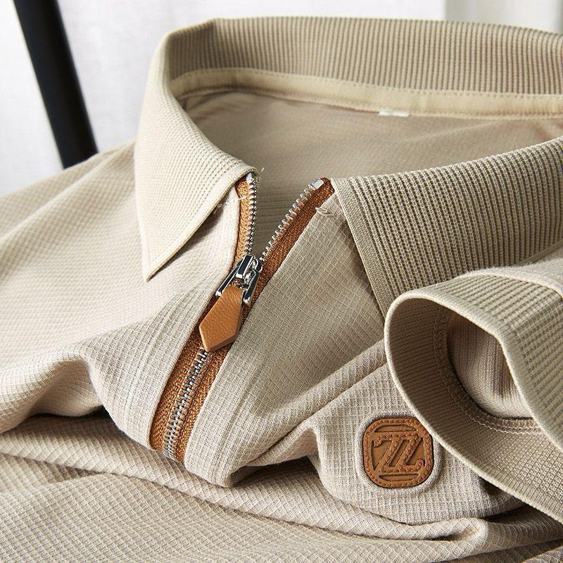 Men’s Premium Waffle-Knit Half-Zip Polo with Contrast Leather Accents